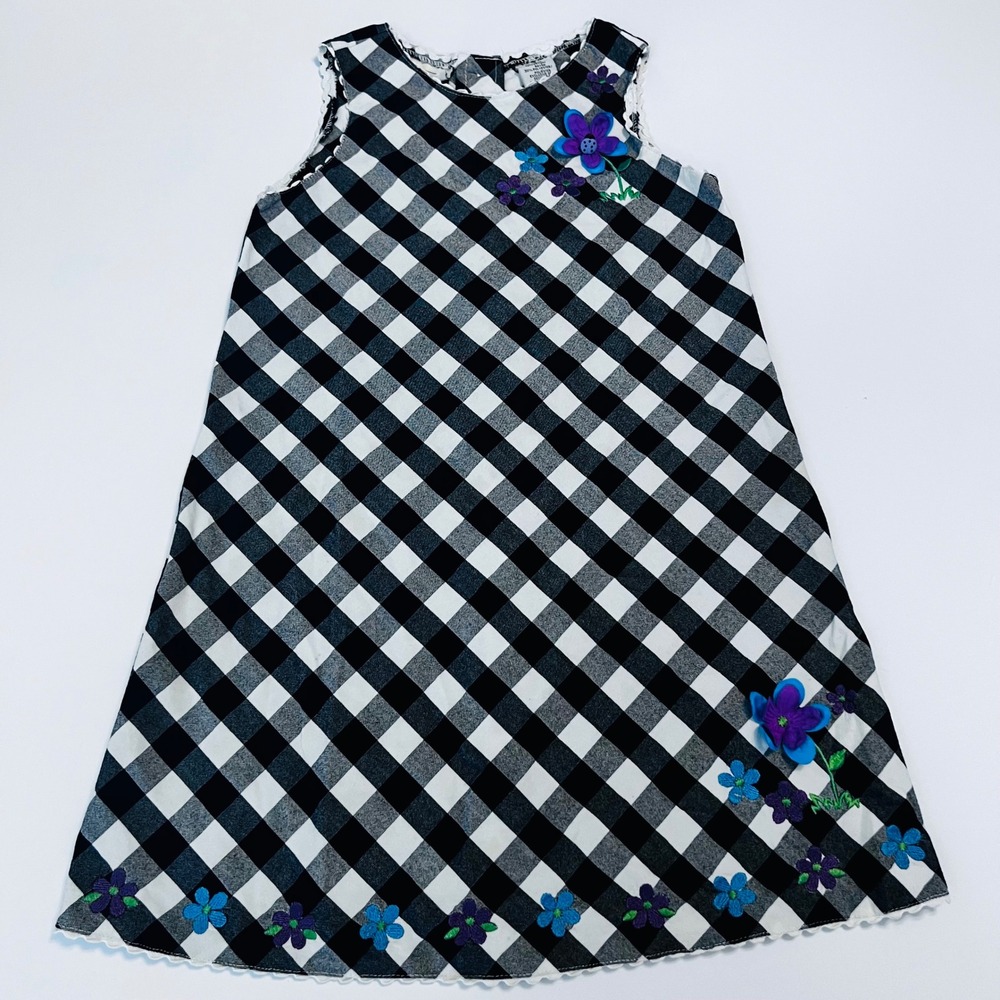 Vintage Basic Editions Girls Buffalo Check Dress 6X Floral Appliqué